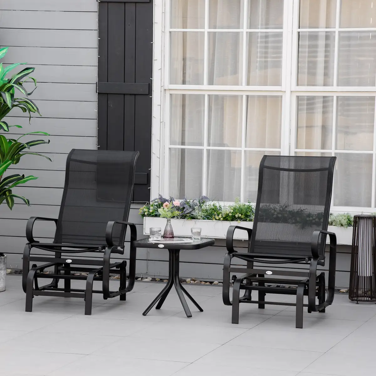 Outsunny 3 PCs Gliding Rocking Chair With Tea Table Smooth Rockers Sling Seat - Garden Chairs