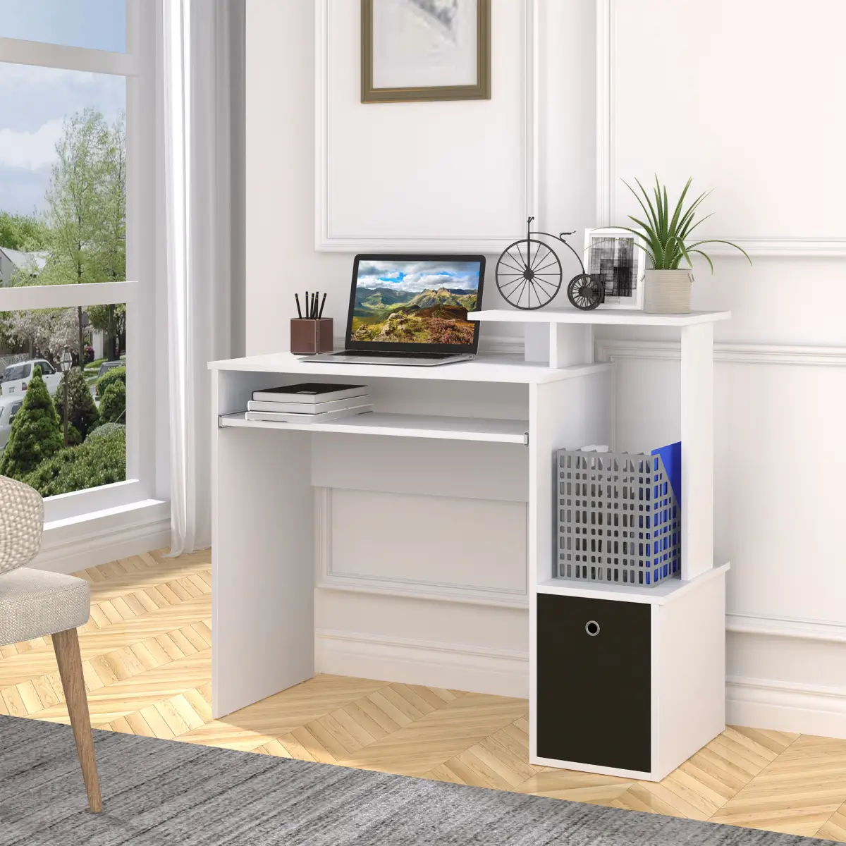 HOMCOM Computer Desk with Sliding Keyboard Tray Storage Drawer Shelf White - Desk
