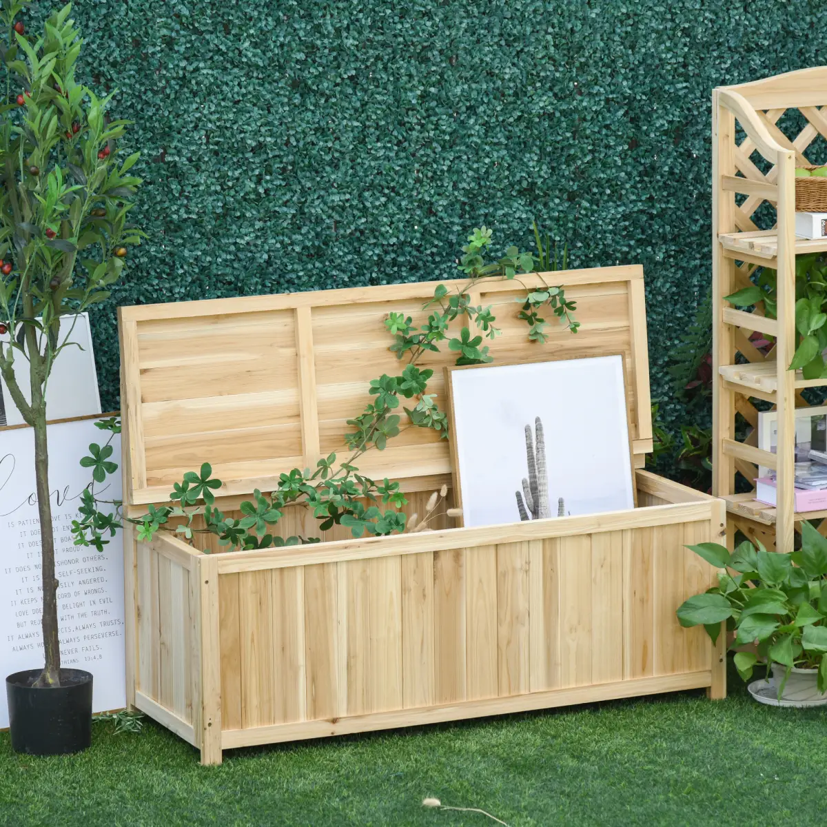 Outsunny Garden Bench & Arch Wood Storage Bench Deck Outdoor Garden Seating - Garden Chairs