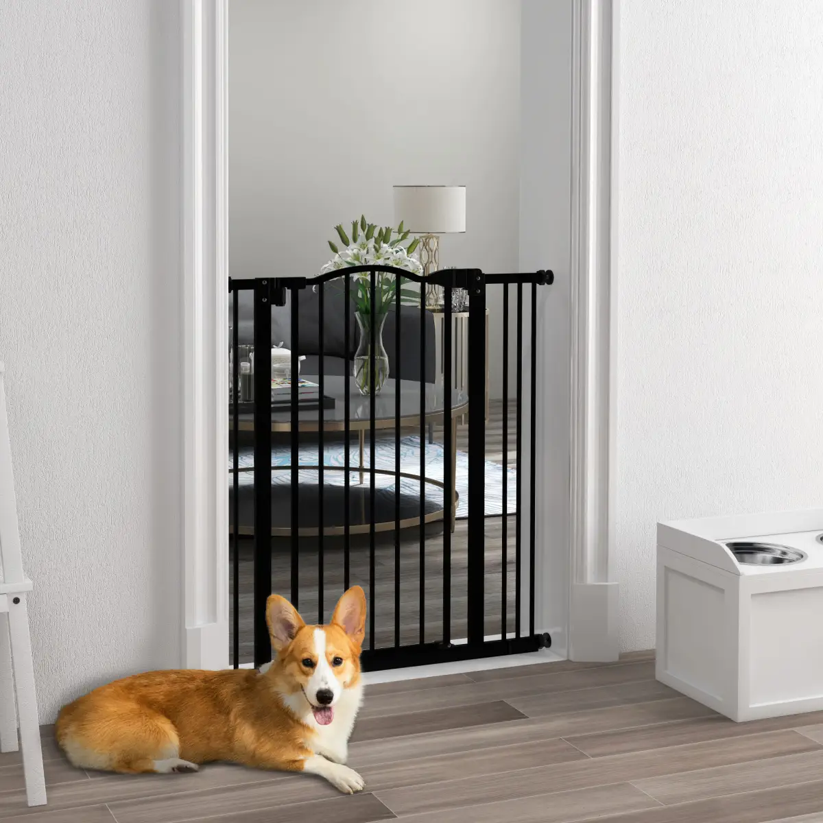 PawHut PawHut 74-87cm Adjustable Metal Pet Gate Safety Barrier w/ Auto-Close Door Black - Pet Gate