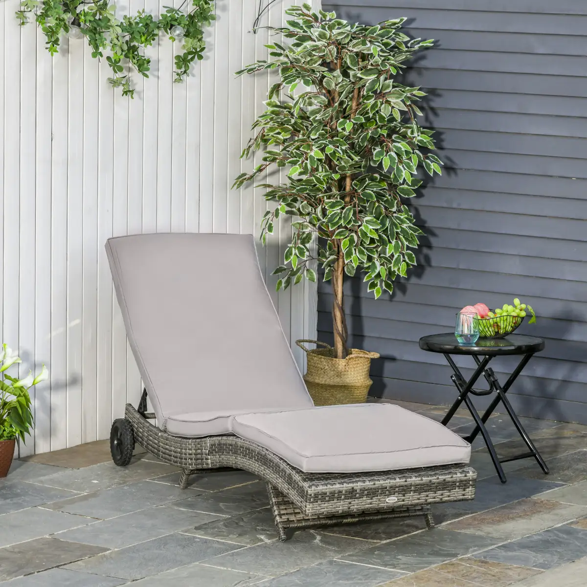 Outsunny Outsunny Outdoor Reclining Lounge Chair, PE Wicker, Rolling Wheels, Grey - Sun Lounger