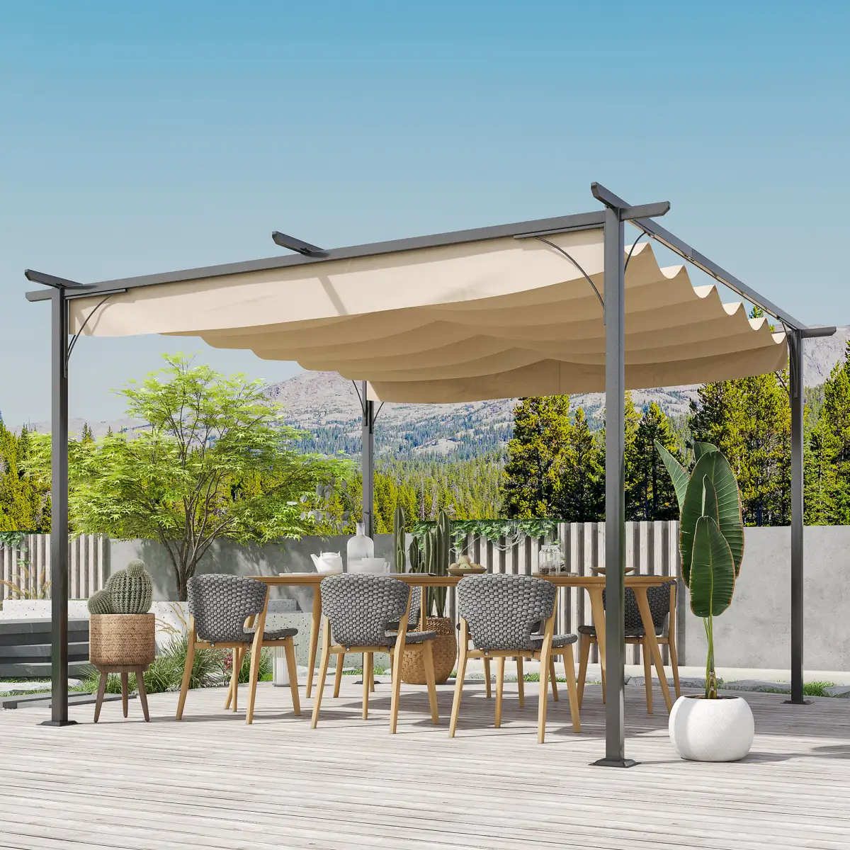 Outsunny Steel Pergola, 350L cm, Steel, Polyester-Black/Beige - Gazebos