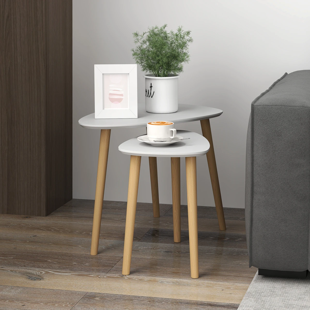 HOMCOM Nesting Side Tables Set Of 2 Two-Tier Modern Scandinavian Grey With Natural Wood Legs Living Room by HOMCOM