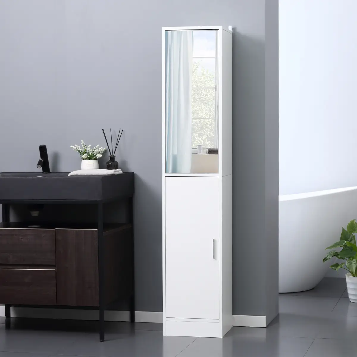 Unbranded kleankin Tall Mirrored Bathroom Cabinet Tallboy Unit w/Adjustable Shelf White - Display Cabinet