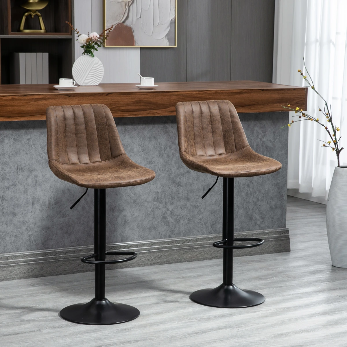 HOMCOM Set Of 2 Microfibre Retro Tub Bar Stools w/ Metal Frame Footrest Home Seat Brown -