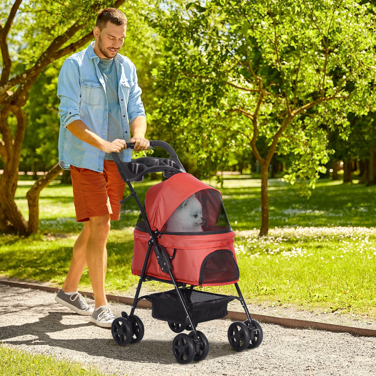 Pet Stroller No-Zip Foldable Travel Carriage with Brake Basket Adjustable Canopy - from Unbranded