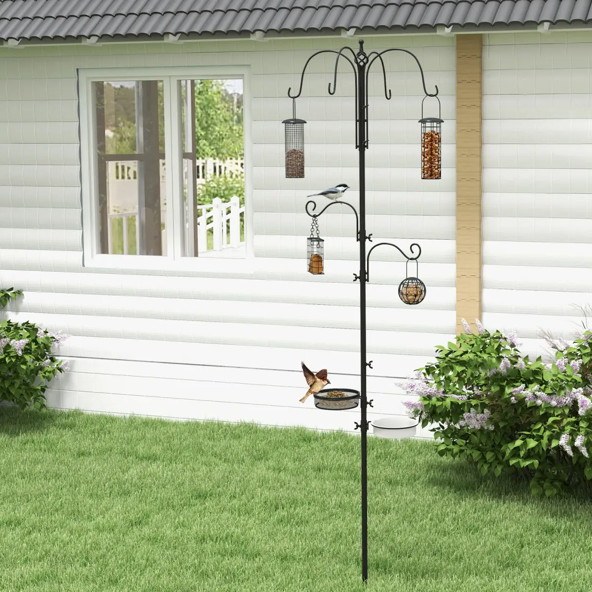 Pawhut Bird Feeding Station Kit Wild Bird Feeder Pole w/ 6 Hooks 4 Hanging Feeders - Bird Feeder