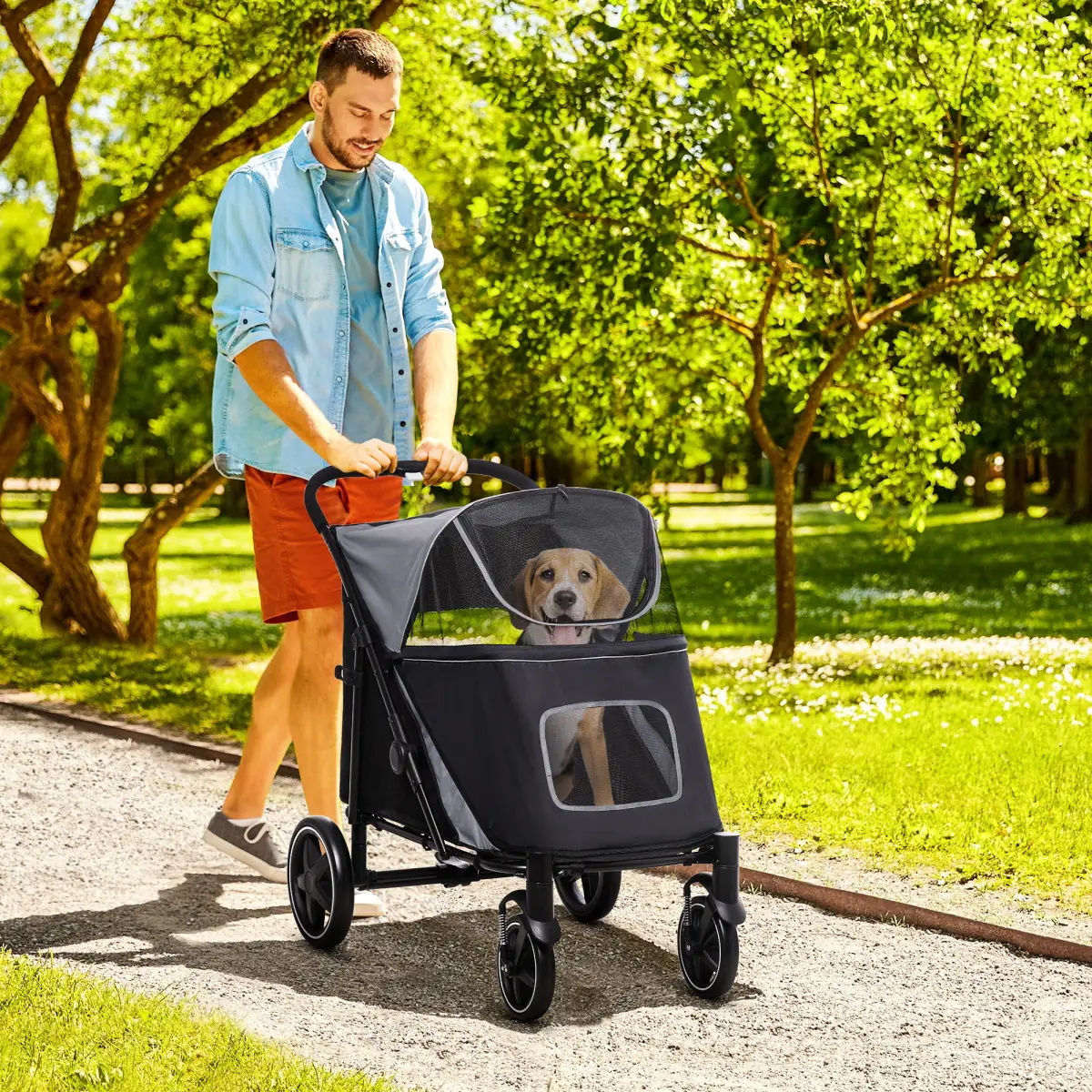 PawHut PawHut Foldable Dog Carriage w/ Universal Wheels, Shock Absorber - Black - Pet Carrier
