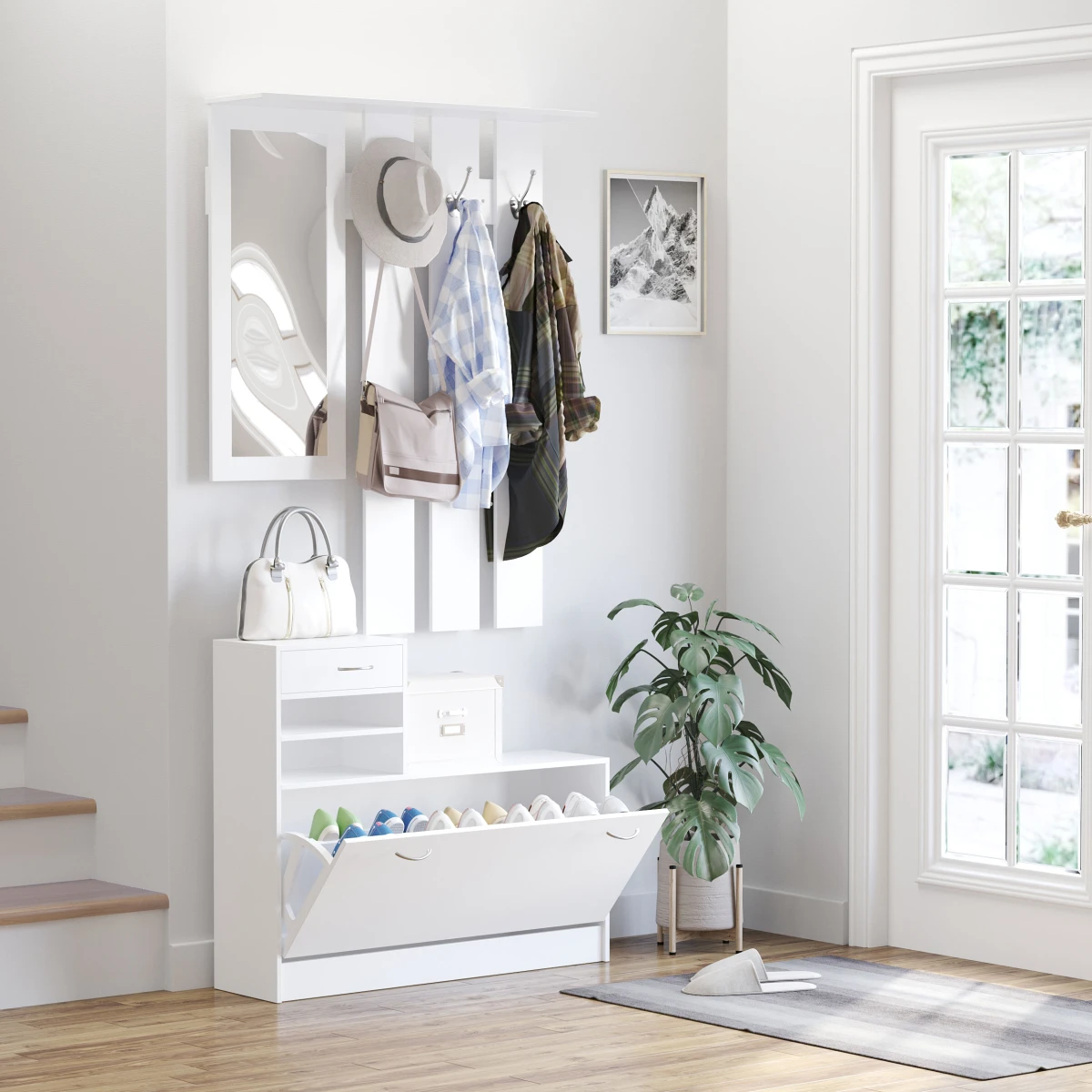 HOMCOM Premium Entryway 90W x 116H Mirror Hooks Home - Chest of Drawers