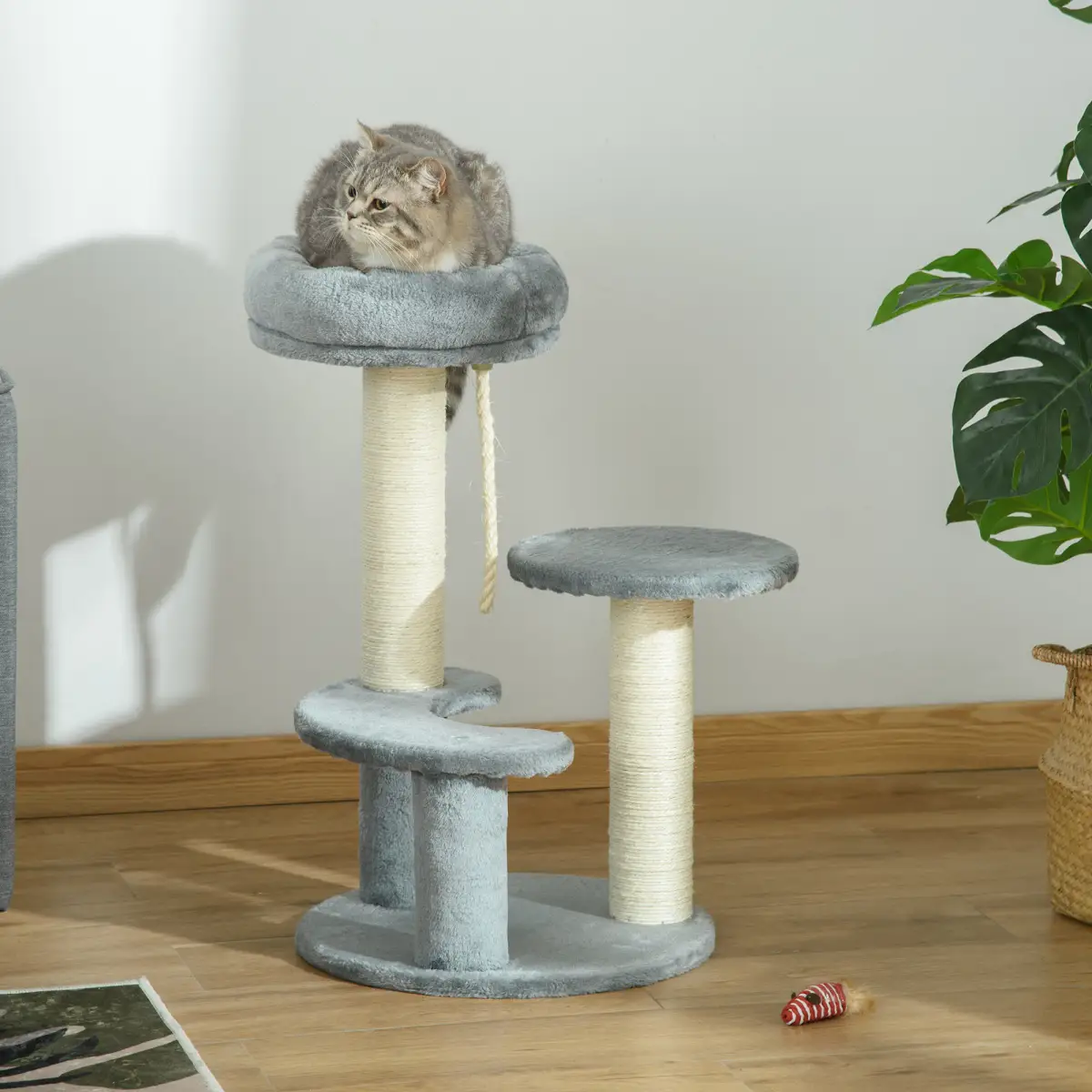 Pawhut Cat Tree Scratcher Kitty Activity Play Center Post 2 Perch w/ Hanging Sisal Rope - Cat Tree