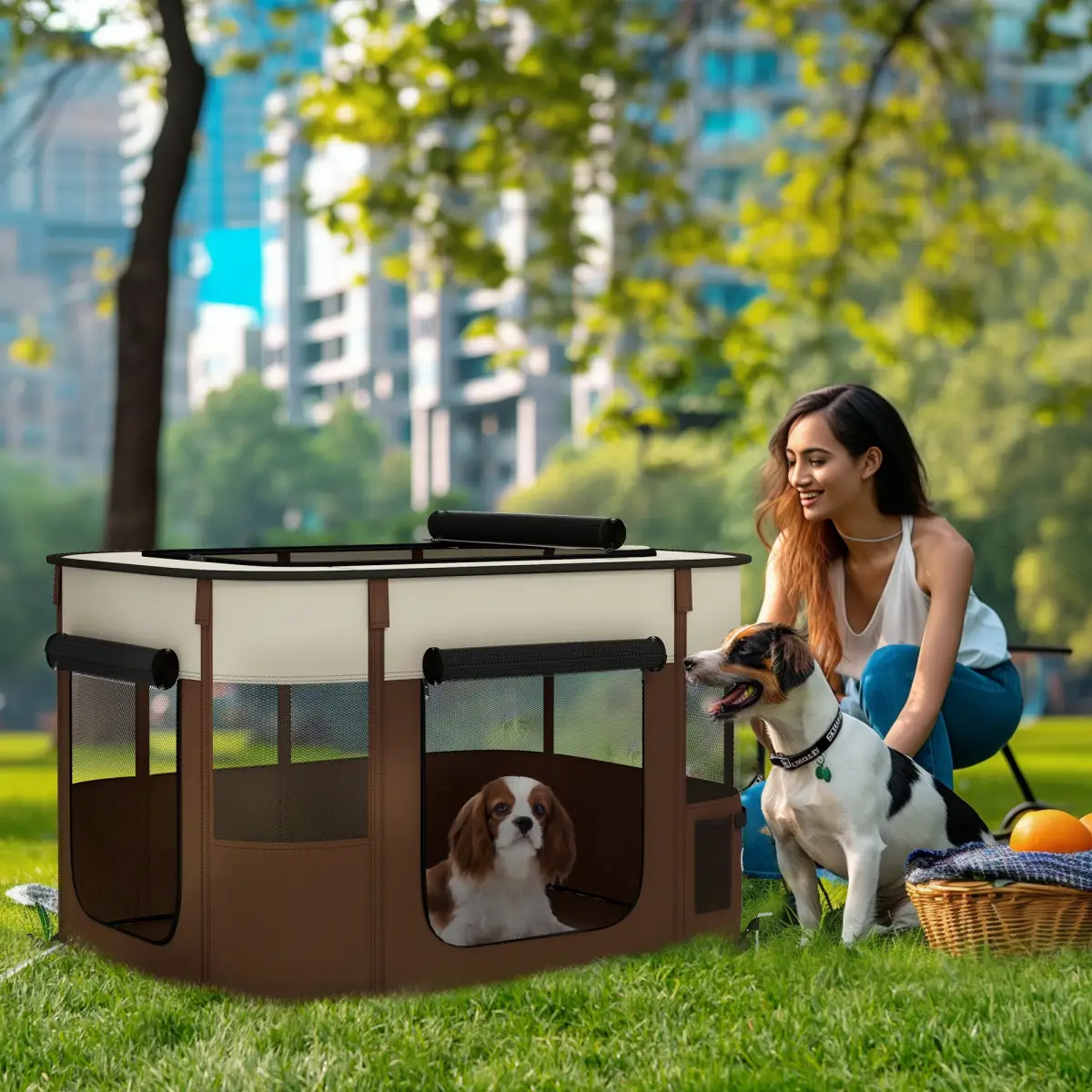 PawHut PawHut Portable Dog Pen for Puppies, Rabbits, Kittens, Guinea Pigs - Brown - Pet Playpen