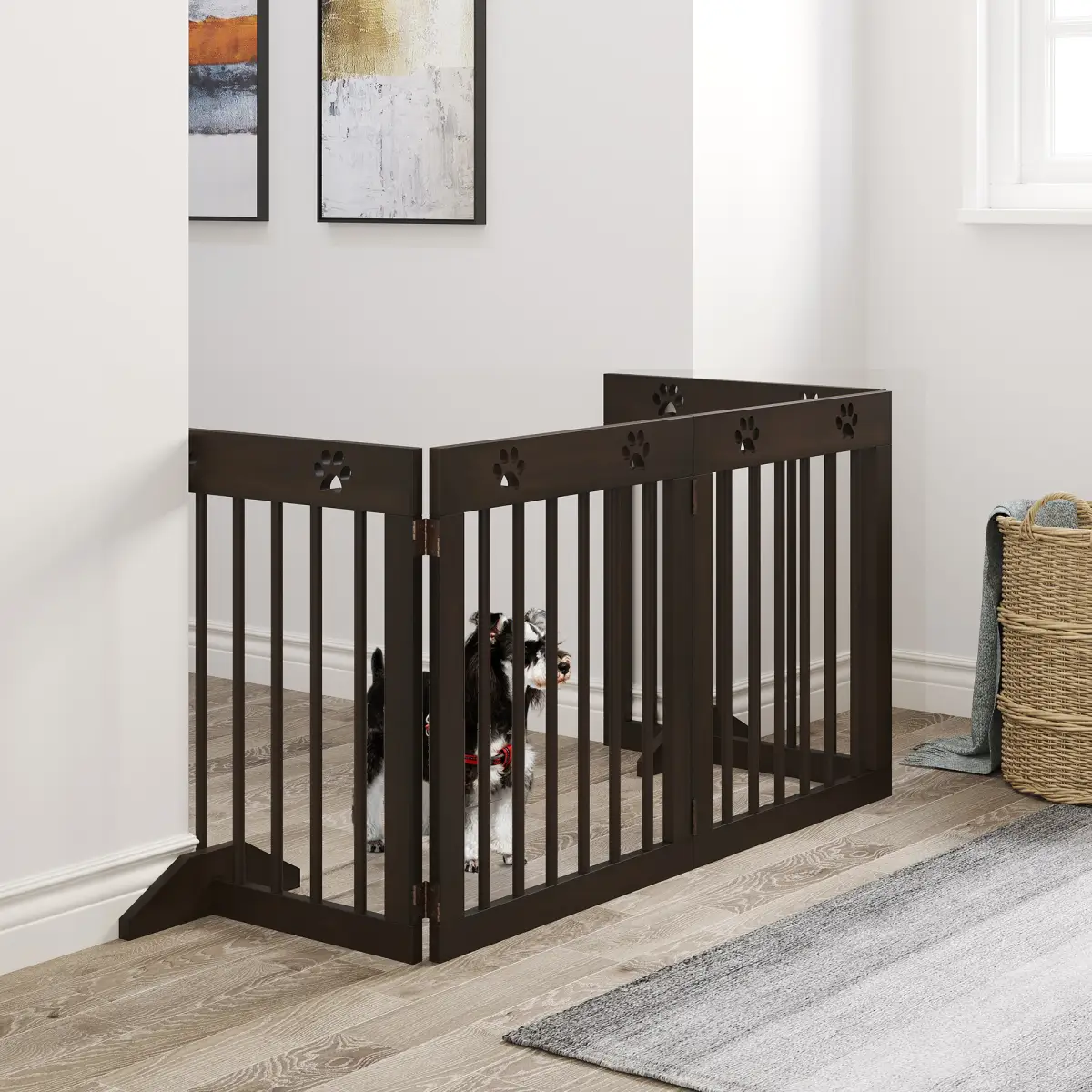 Pawhut Freestanding Pet Gate 4 Panel Folding Wooden Dog Barrier w/ Support Feet - Pet Gate