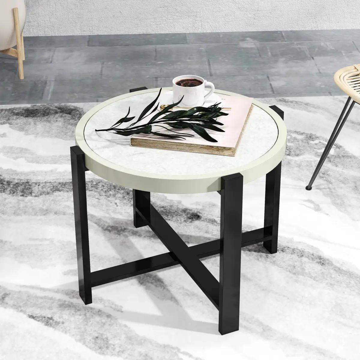 Outsunny Outsunny Round Small Garden Table with Faux Marble Glass Top, Light Grey - Garden Table