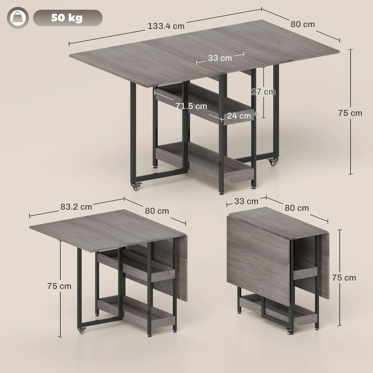 N/A Grey Folding Dining Table Compact Two Drop Leaves Seats Four - Dining Table