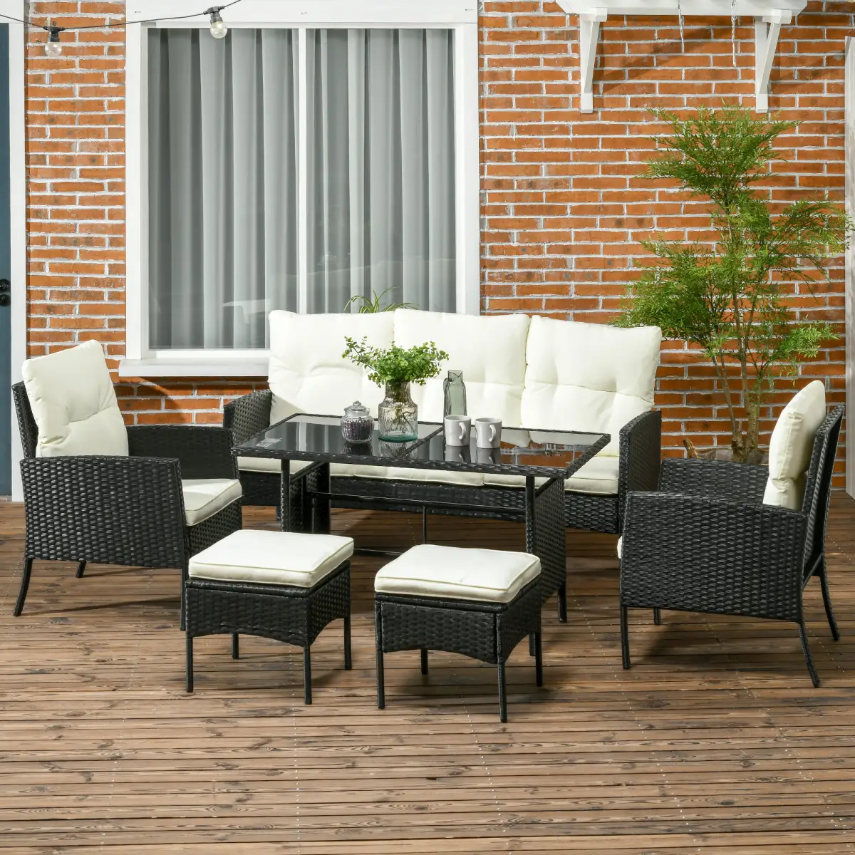 Outsunny Outsunny Rattan Garden Furniture Sofa Set, 2 Armchairs 2 Footstools Table White - Garden Set