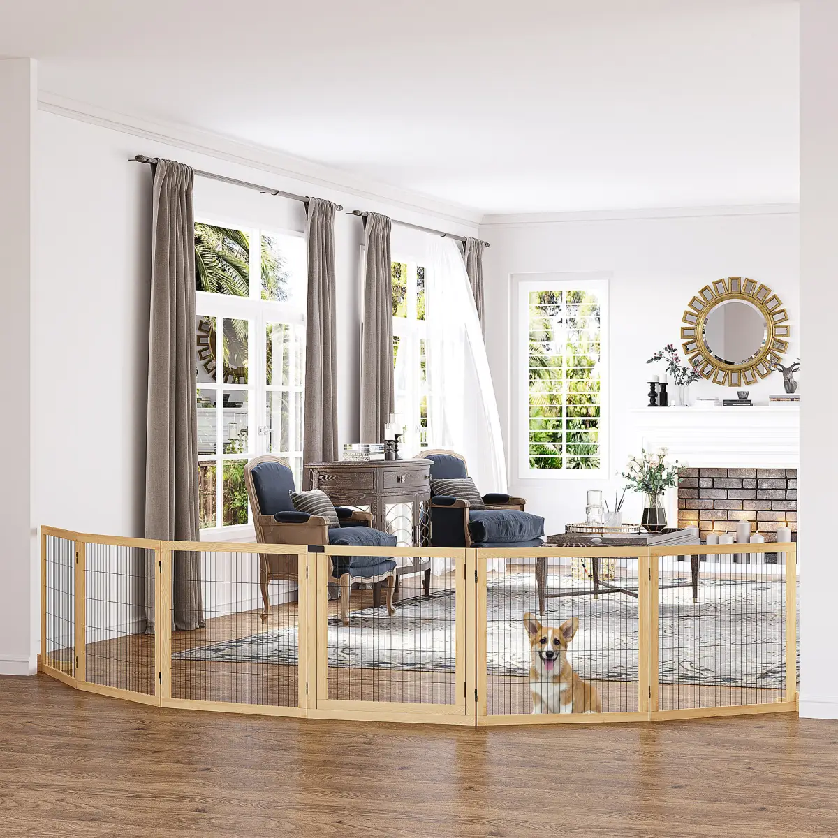 PawHut PawHut Freestanding Pet Dog Gate, Six-Panel Foldable Wooden Playpen, 432cm - Pet Gate
