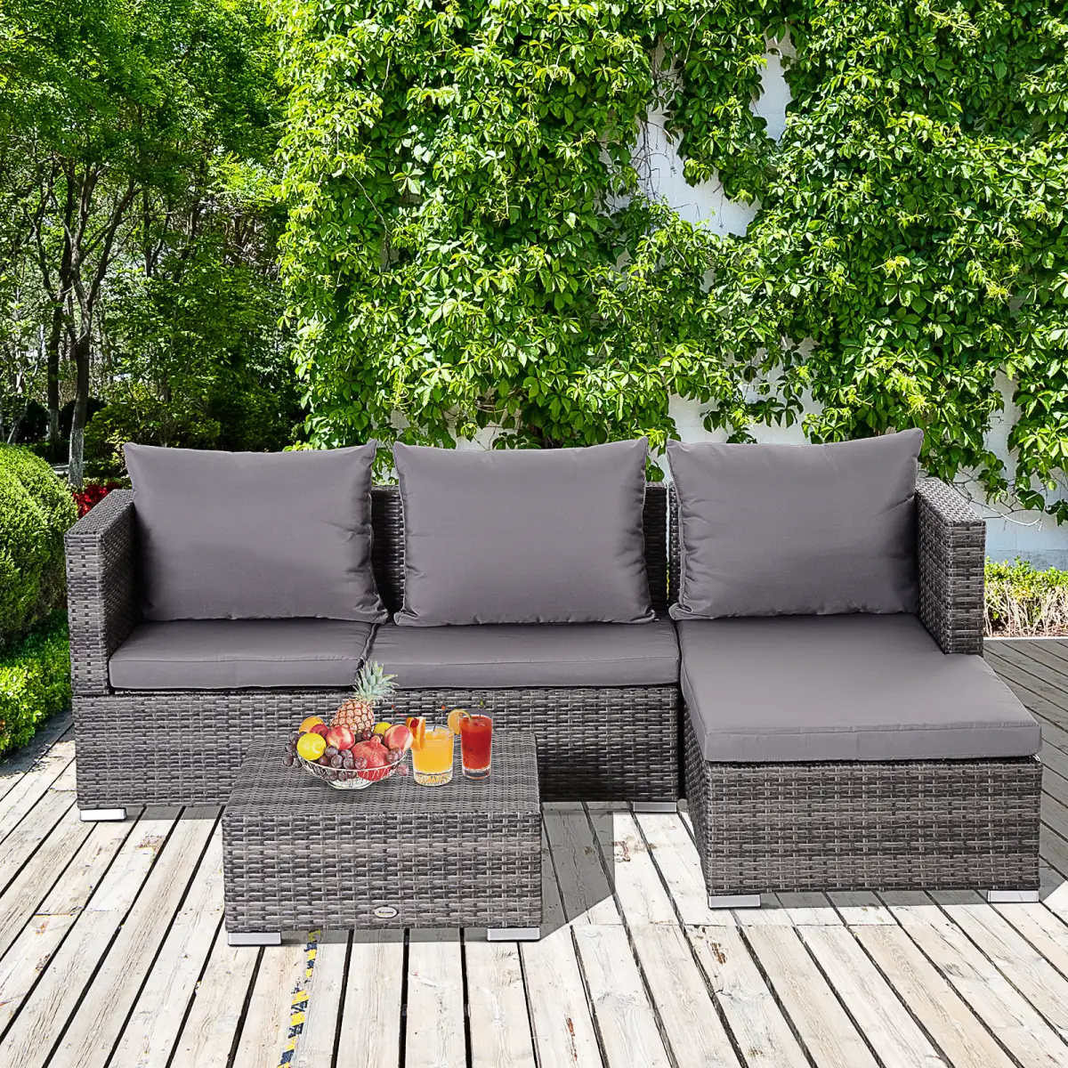 Outsunny Outsunny Rattan Garden Sofa Set Storage Table Wicker Patio Lounger 4-Seater Grey - Garden Sofa Sets