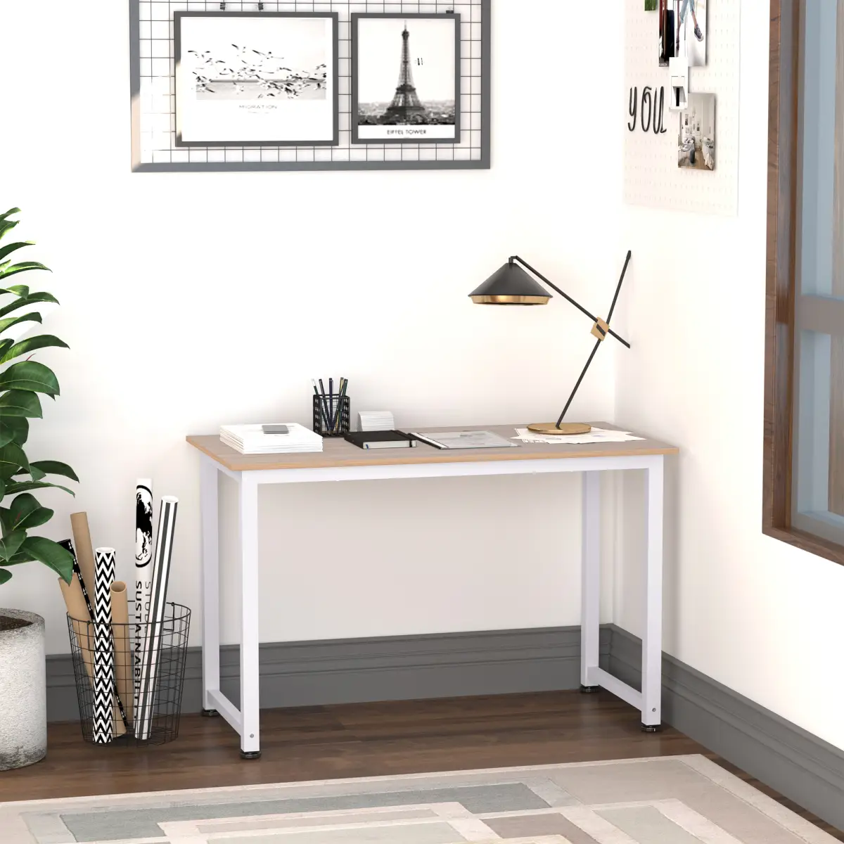 HOMCOM Computer Desk W/ White Metal Frame MDF, 120W x 60D x 76Hcm-Oak Grain Tone - Desk