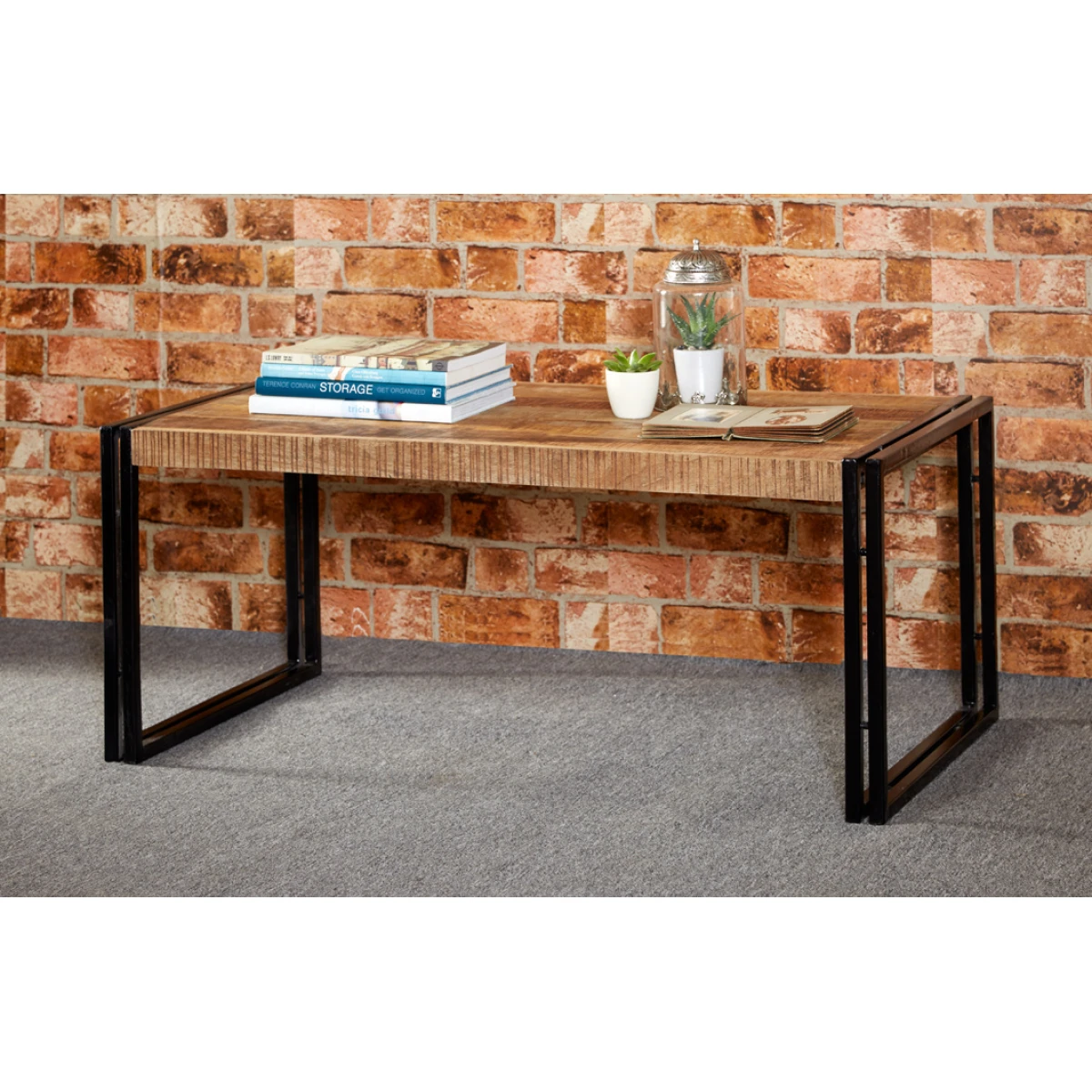 Indian Hub Cosmo Industrial Coffee Table Large Eco Mango Wood Reclaimed Iron Edges Living Room - Coffee Table