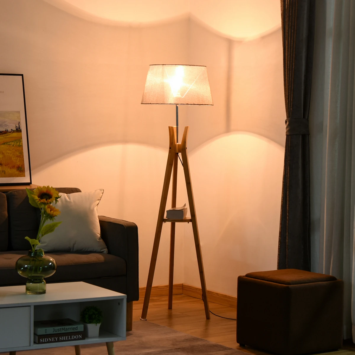 HOMCOM Tripod Floor Lamp 156cm with Fabric Shade for Modern Living Rooms by Homcom