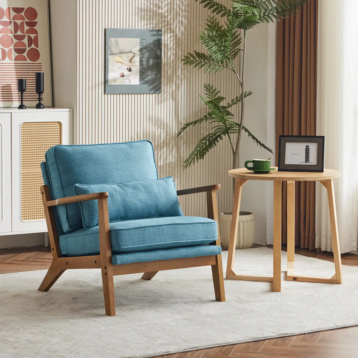 N/A Mid-Century Oak Accent Chair - Linen-Cotton Navy Blue Upholstered Single Lounge Chair, Indoor Armchair with Sturdy Wood Frame (330LBS Weight Capacity) - Accent Chair