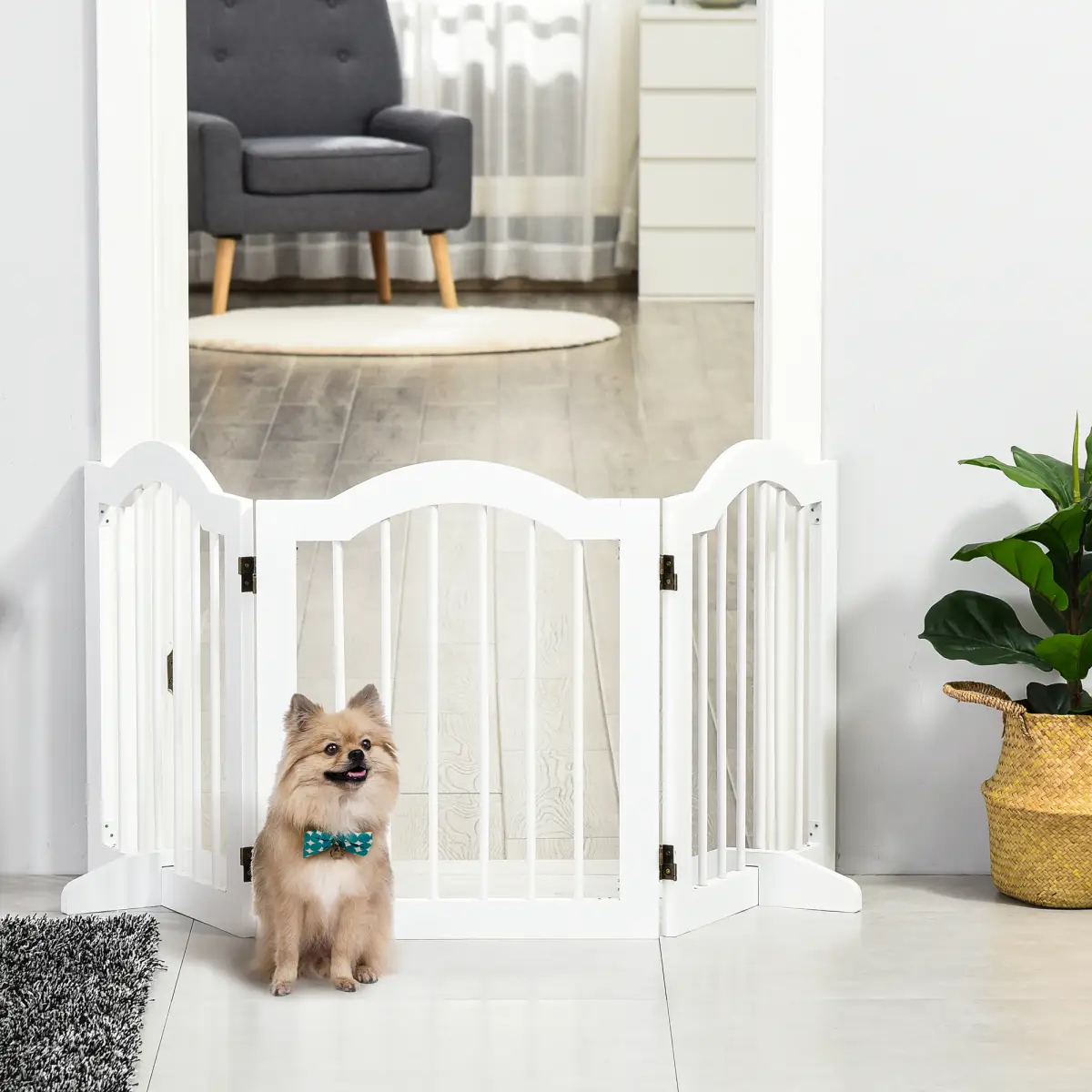 Pawhut 3 Panels Dog Gate w/ Support Feet Fence Safety Barrier Freestanding Wood White - Pet Gate