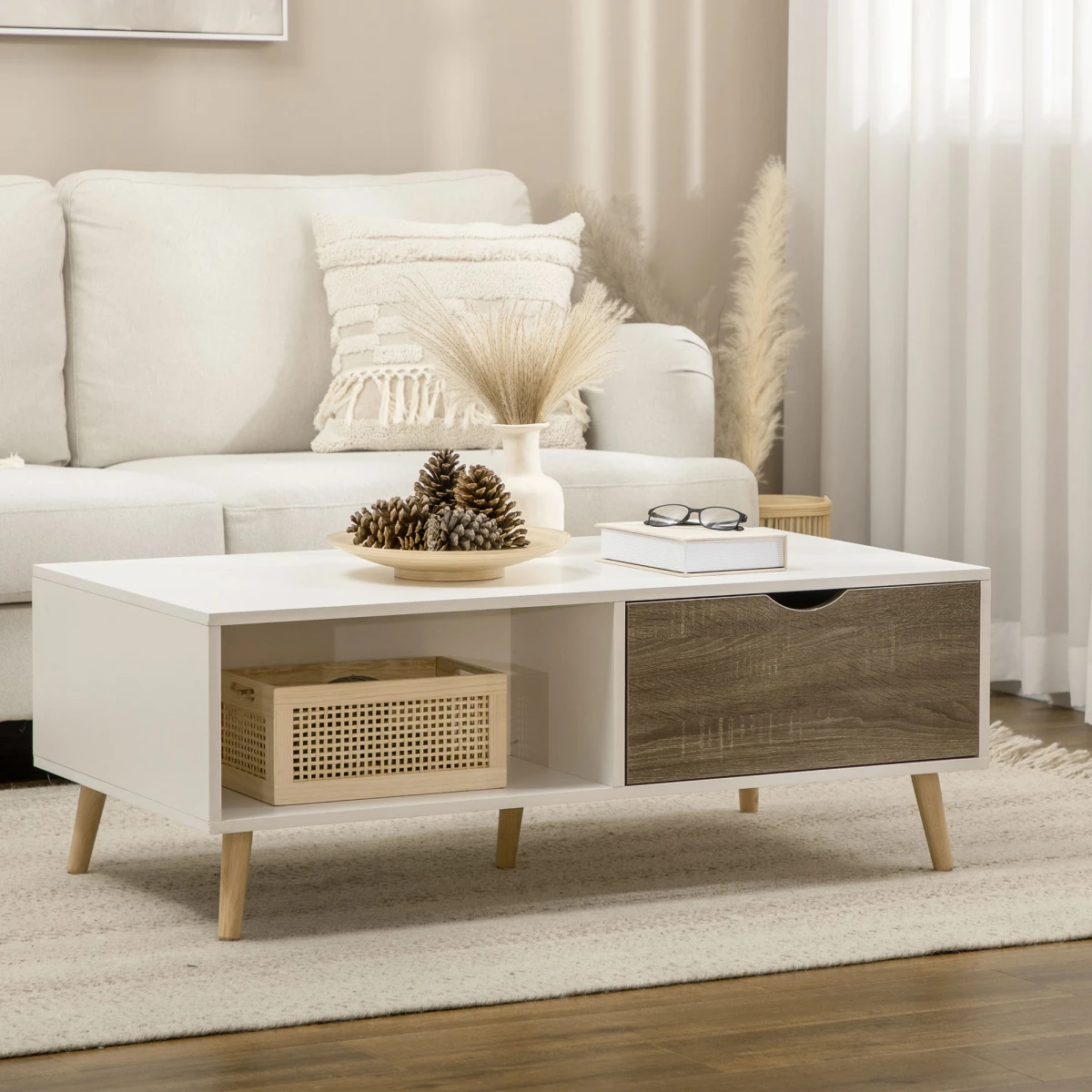 Modern White Coffee Table With Storage Drawers by Unbranded