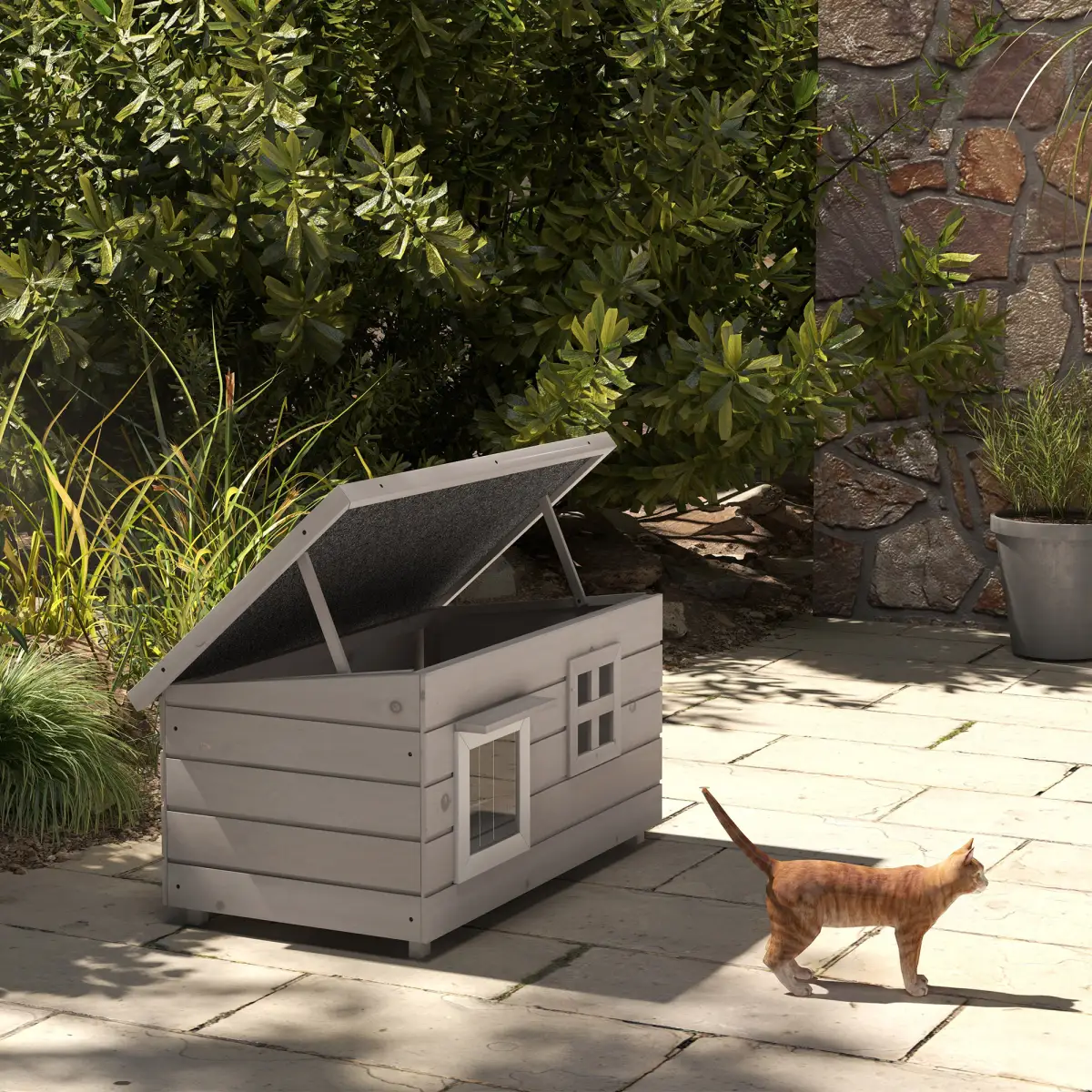 PawHut Wooden Cat House Outdoor with Openable Top, Asphalt Roof, Window Grey - Cat House