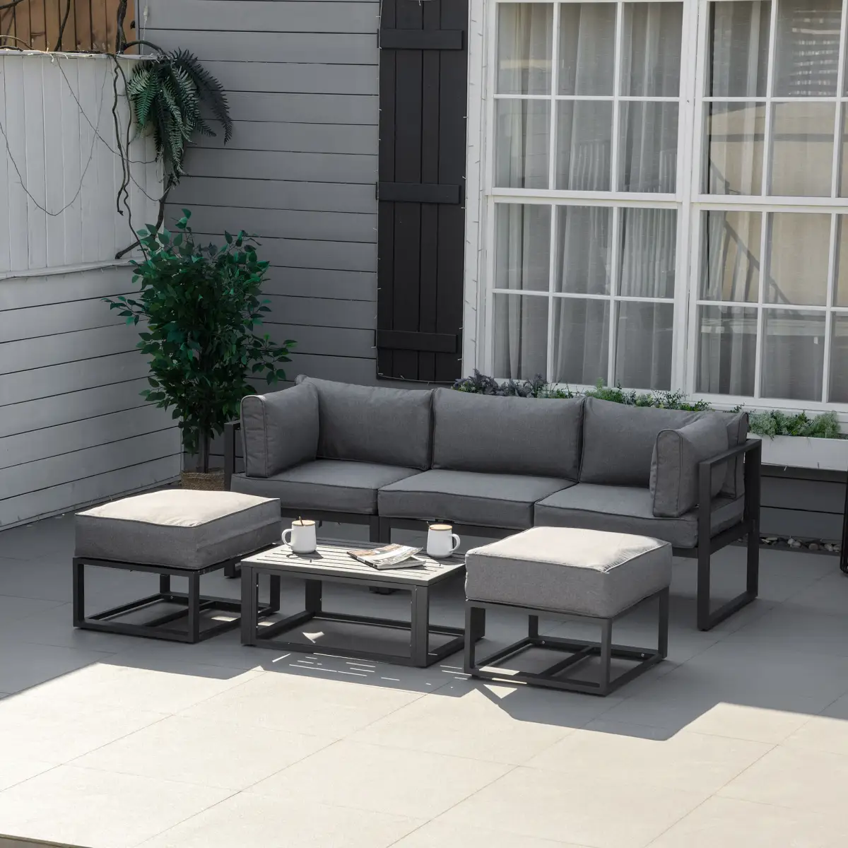 Outsunny Daybed 6 Piece Sectional Sofa Set, & Coffee Table, Footstool & Cushions, Grey - Garden Sofa Sets