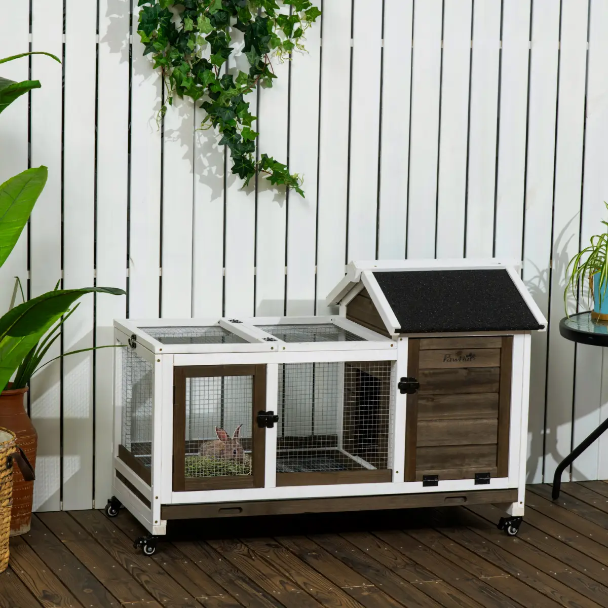 PawHut Rabbit Hutch Guinea Pig Cage with Slide-out Tray Wheels for Outdoor & Indoor - Rabbit Hutch
