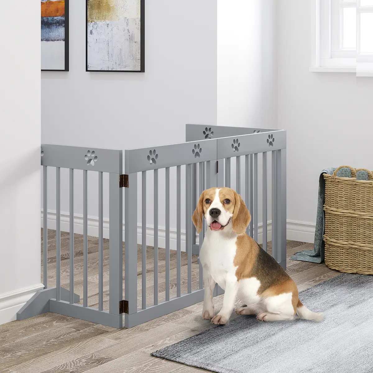 Pawhut Freestanding Pet Gate 4 Panel Folding Wooden Dog Barrier w/ Support Feet - Pet Gate