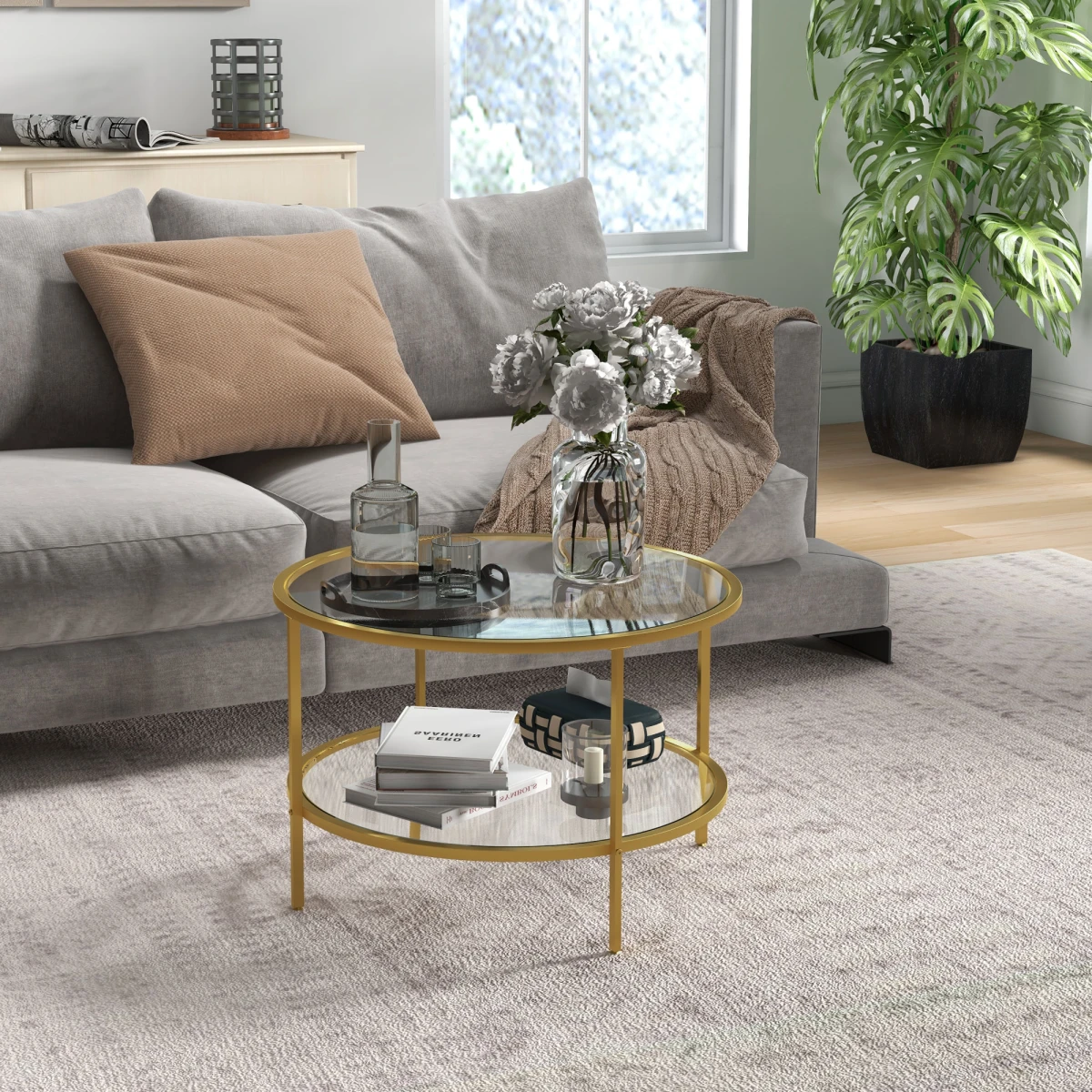 HOMCOM Round Coffee Table Tempered Glass Gold - Coffee Table