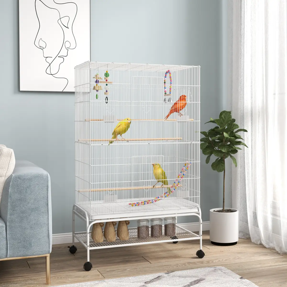 PawHut PawHut Bird Cage with Stand, Wheels, Toys, for Budgies, Finches, White - Bird Cage