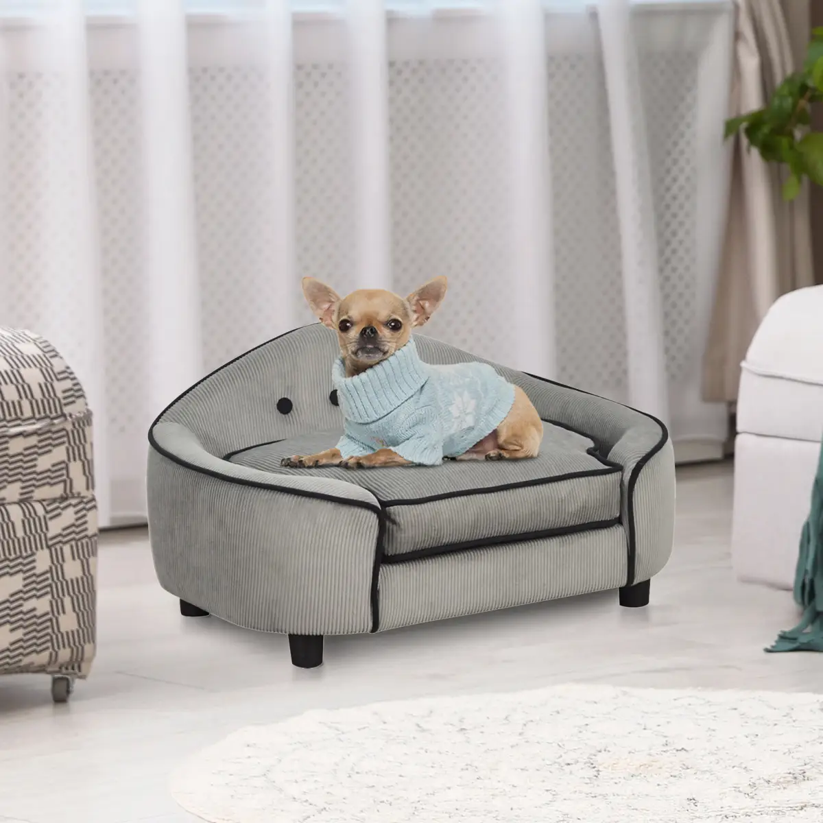PawHut Dog Sofa Bed Pet Chair w/ Sponge Padded Cushion for XS and S Size Dogs - Grey - Dog Beds