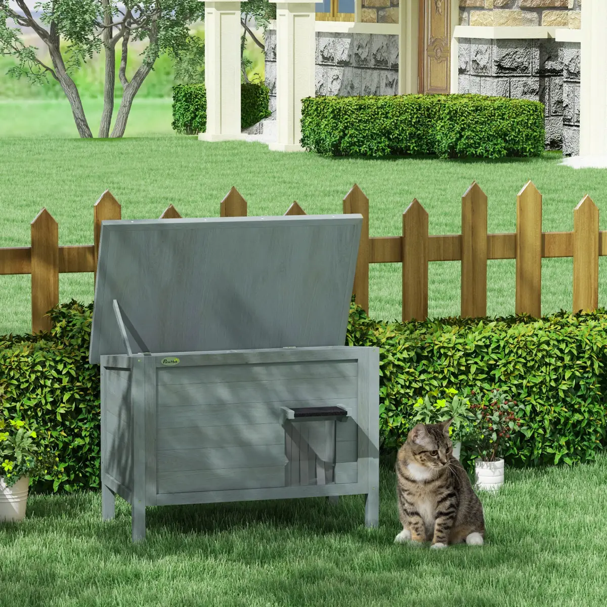 PawHut PawHut Outdoor Feral Cat House Insulated w/ Openable Roof - Charcoal Grey - Cat House