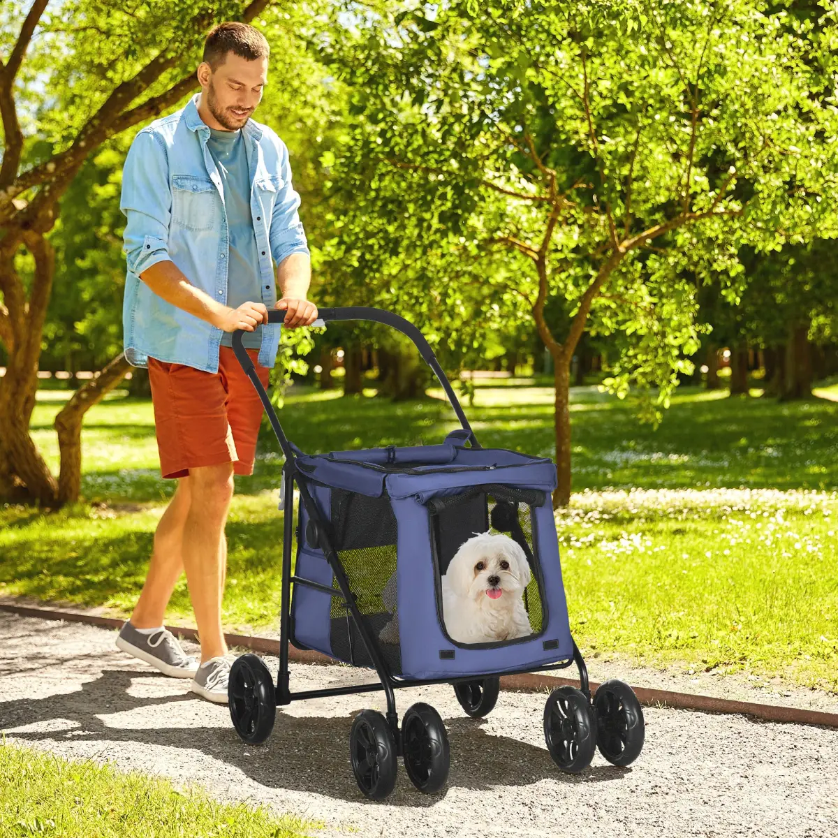PawHut PawHut One-click Foldable Pet Stroller w/ Mesh Windows, for Small Pets - Blue - Pet Carrier