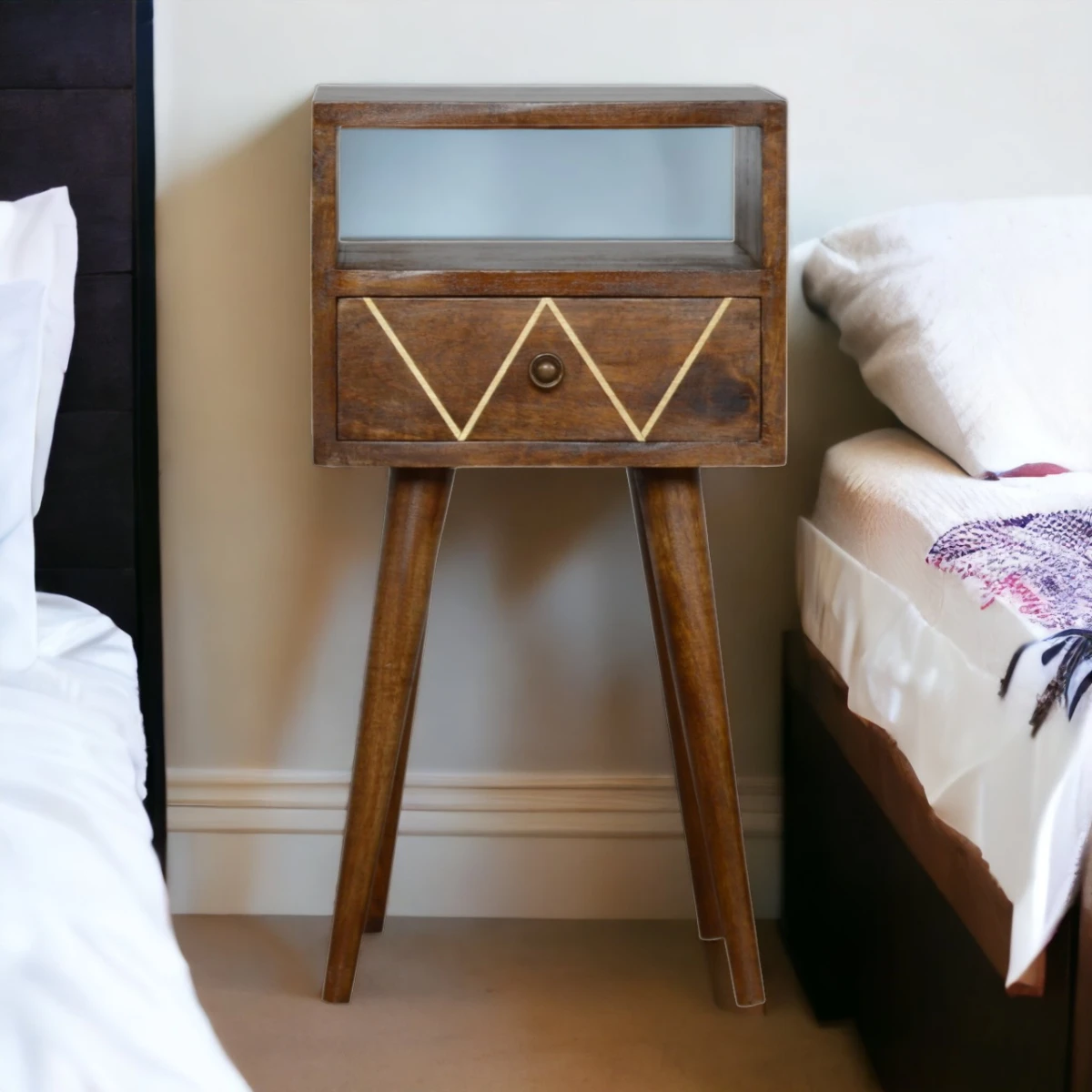 Artisan Furniture Artisan Bedside Table Mini Solid Mango Wood Geo Brass Inlay Drawer Shelf For Modern Bedroom Decor - Bedside Table