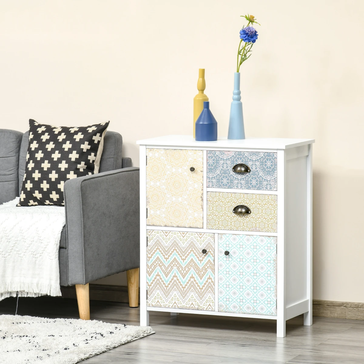 HOMCOM Boho Chic Storage Chest Compact Two Drawers And Three Cabinets Colorful Pattern Panels For Any Room - Chest of Drawers