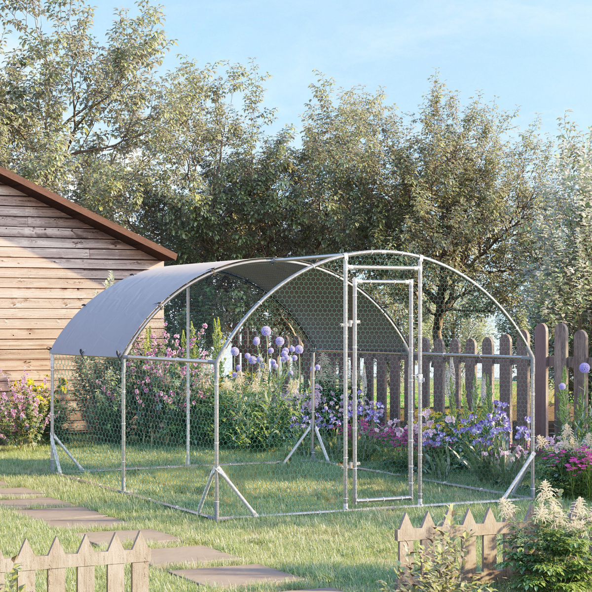 Walk-In Chicken Run Galvanised Chicken Coop w/ Cover 2.8 x 3.8 x 2m Pawhut - from Unbranded