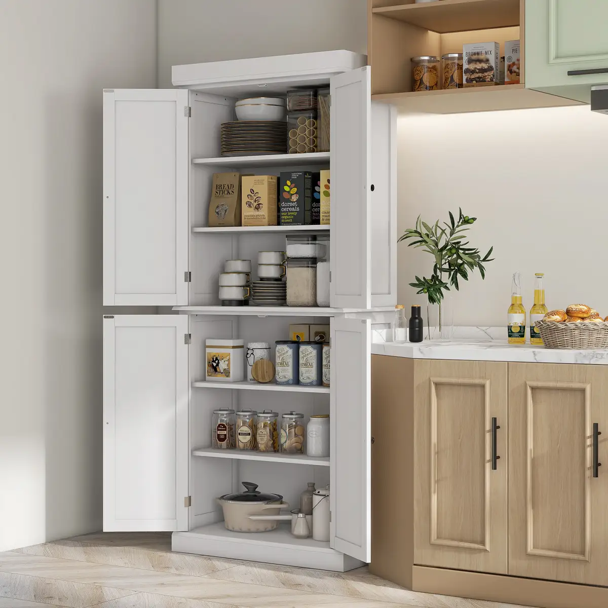 HOMCOM Freestanding Kitchen Cupboard, 6-Tier Cabinet Organizer w/ 4 Adjustable, White - Display Cabinet