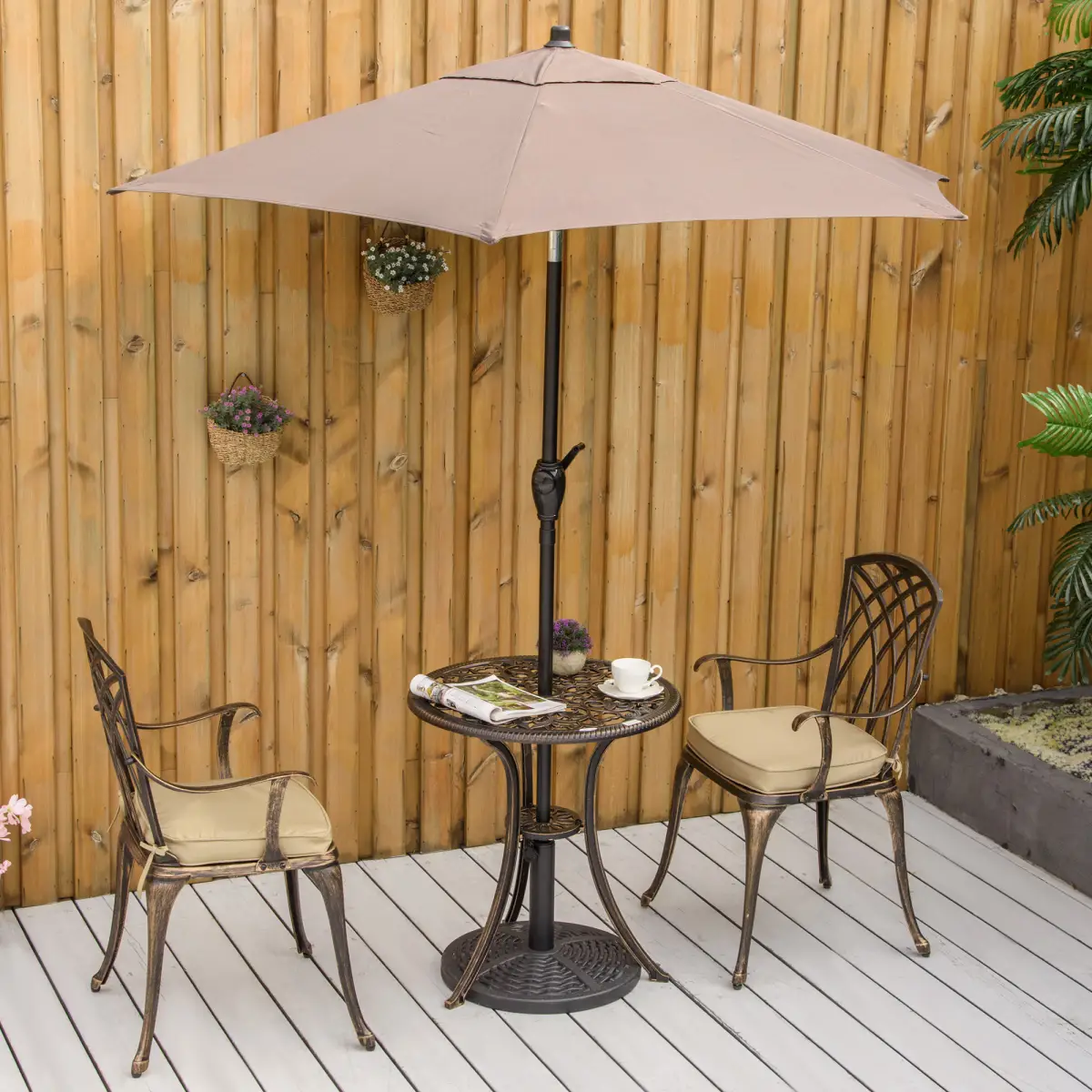 Outsunny 3Pc Cast Aluminium Garden Bistro Set for 2 Parasol Hole, Cushions Bronze - Parasol