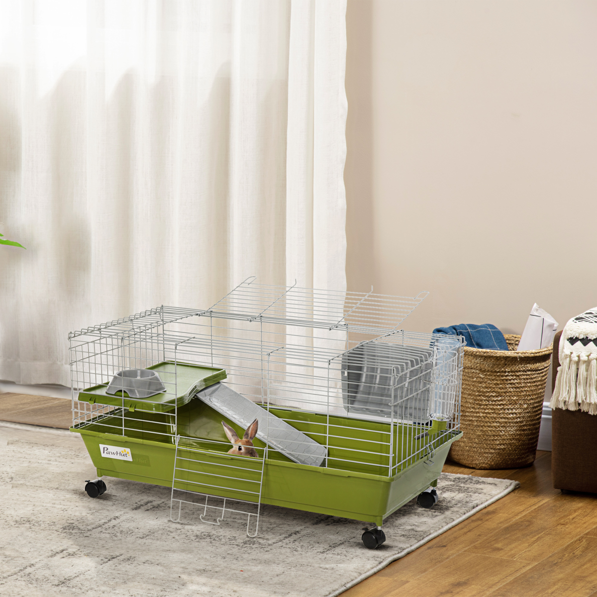 89cm Small Animal Home Cage for Rabbit Ferret Chinchilla w/ Wheels Green - from Pawhut