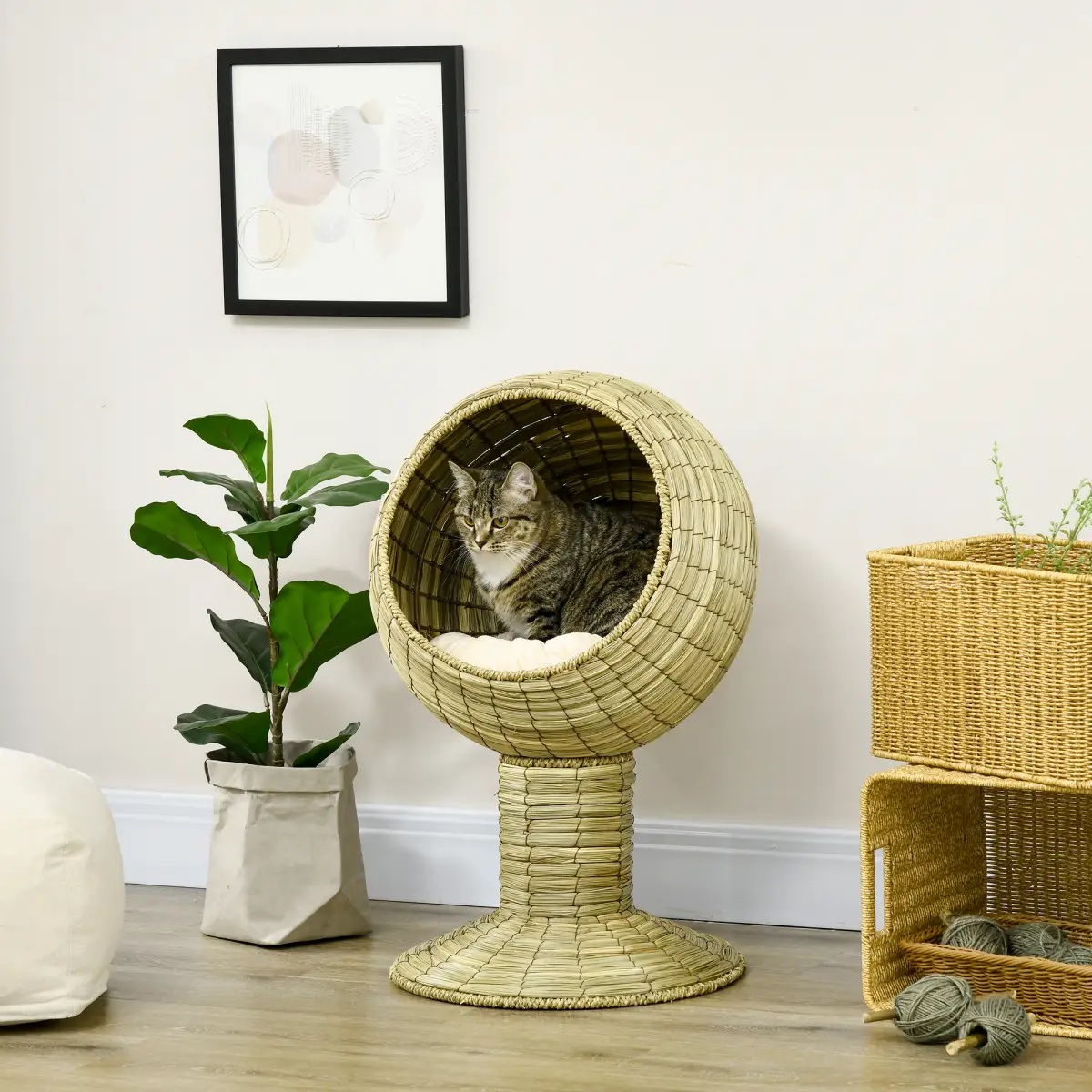 PawHut PawHut Raised Cat House, Natural Mat Grass Cat Bed w/ Stand Cushion, 41x 69 cm - Cat House