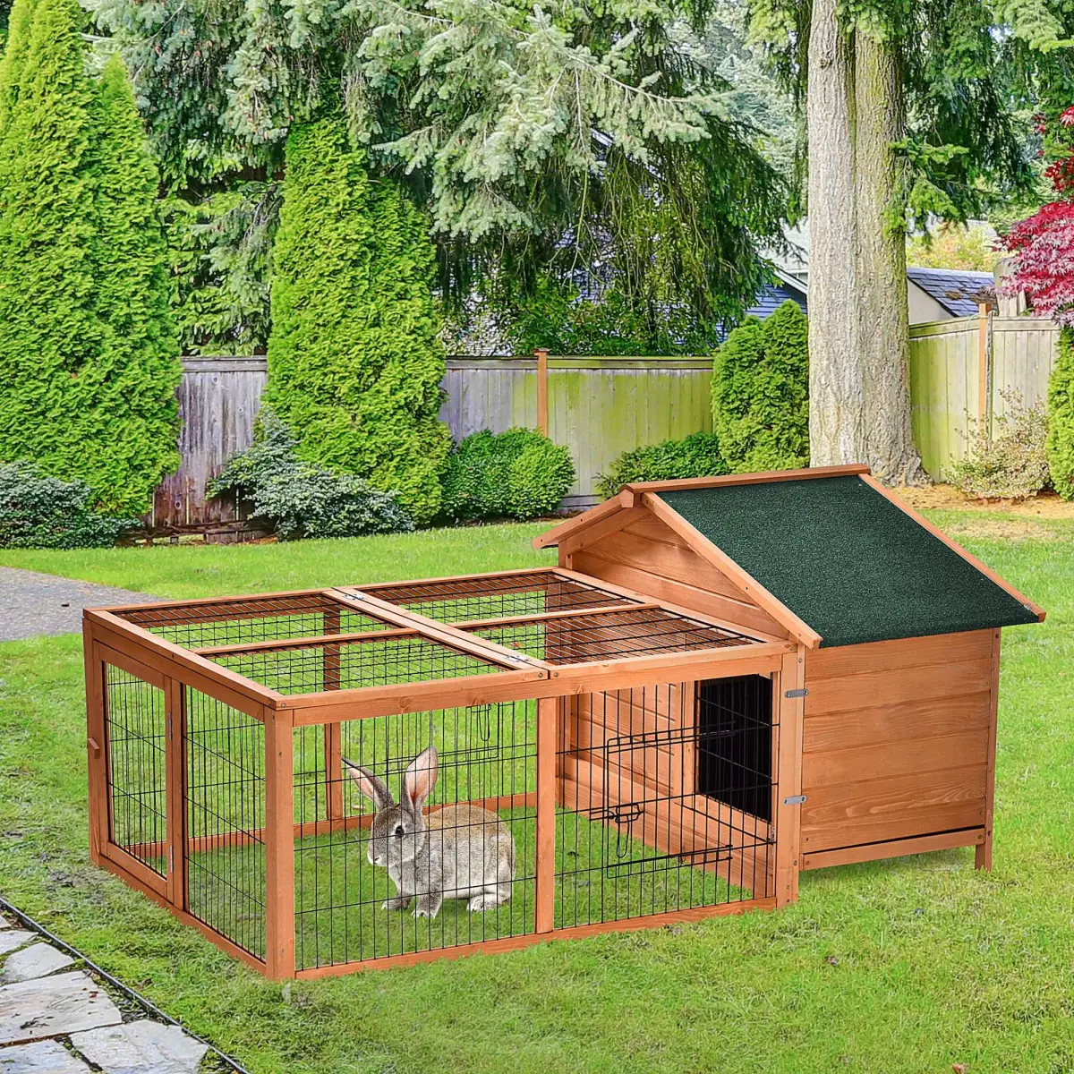 PawHut Wooden Rabbit Hutch Detachable Pet House with Openable Run & Roof - Rabbit Hutch