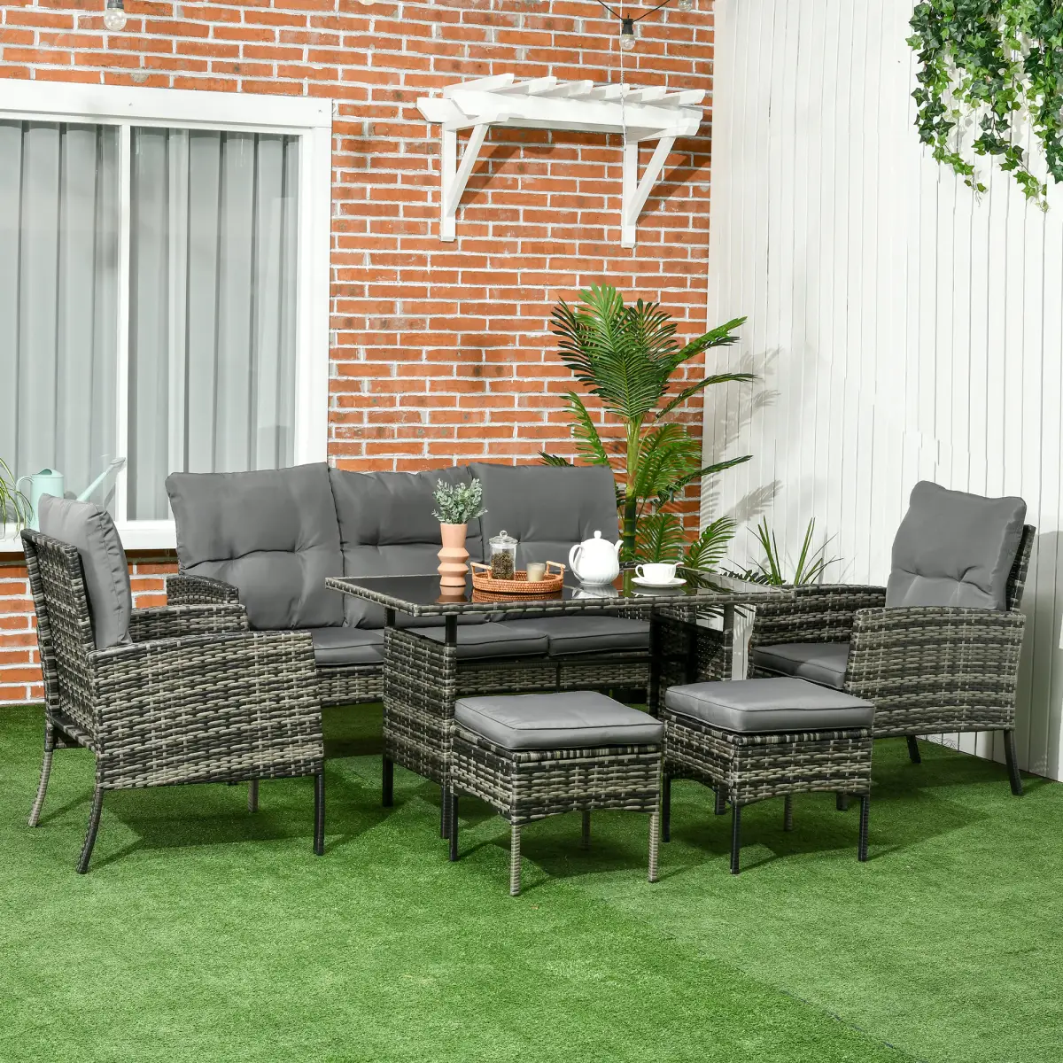 Outsunny Outsunny Rattan Garden Furniture Sofa Set, 2 Armchairs 2 Footstools Table Grey - Garden Set