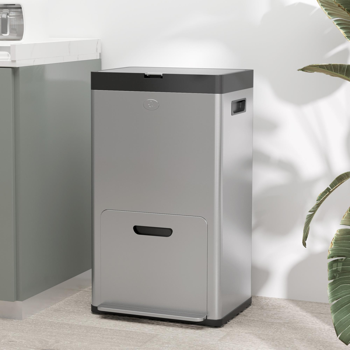 HOMCOM 3 Compartment Kitchen Bin, 56L Stainless Steel Pedal Bin with Wheels - from HOMCOM