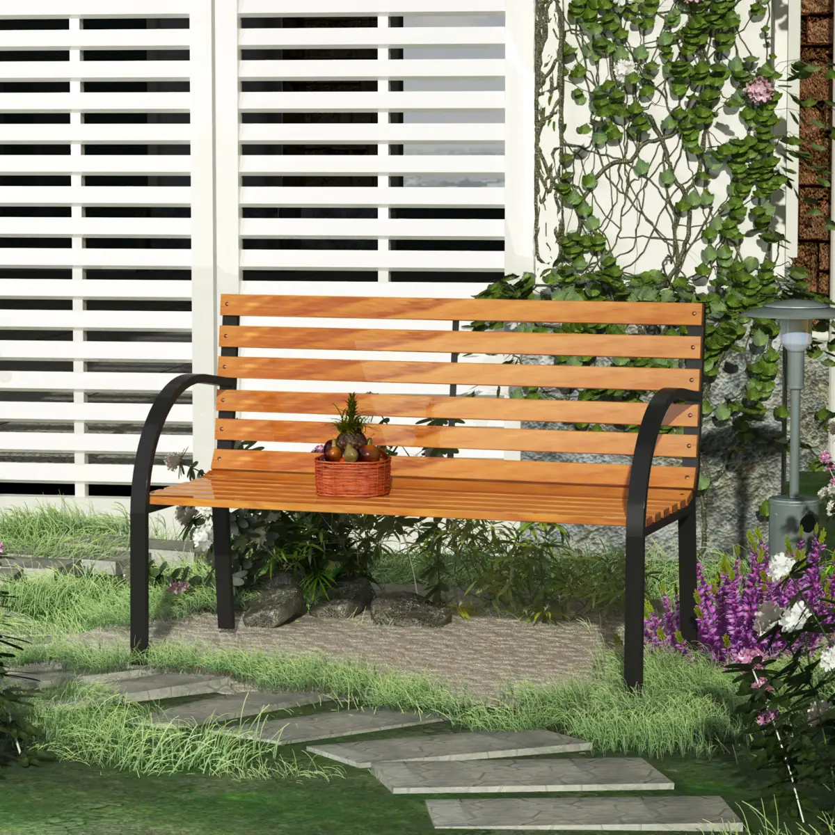 Outsunny Garden Bench, 122Lx60Wx80H cm-Steel/Wood - Garden Chairs
