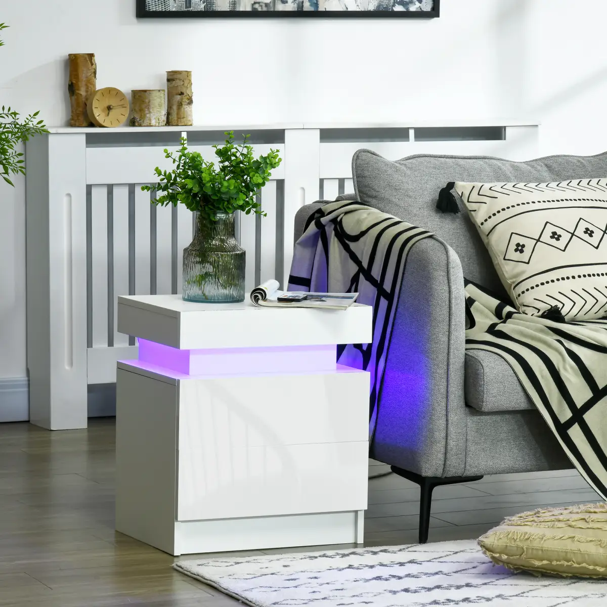 HOMCOM HOMCOM White Bedside Table, High Gloss Front Nightstand w/ LED Light, 2 Drawers - Bedside Table