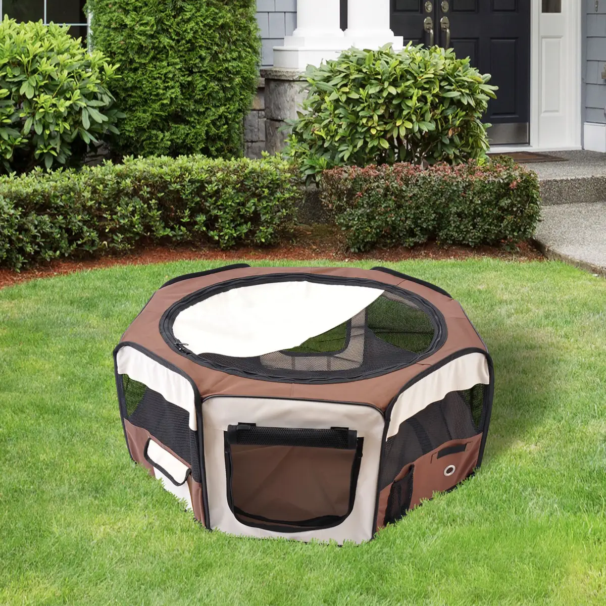 Fabric Pet Puppy Dog Cat Rabbit Pig Guinea Playpen Run Brown Cream M PawHut - Pet Playpen