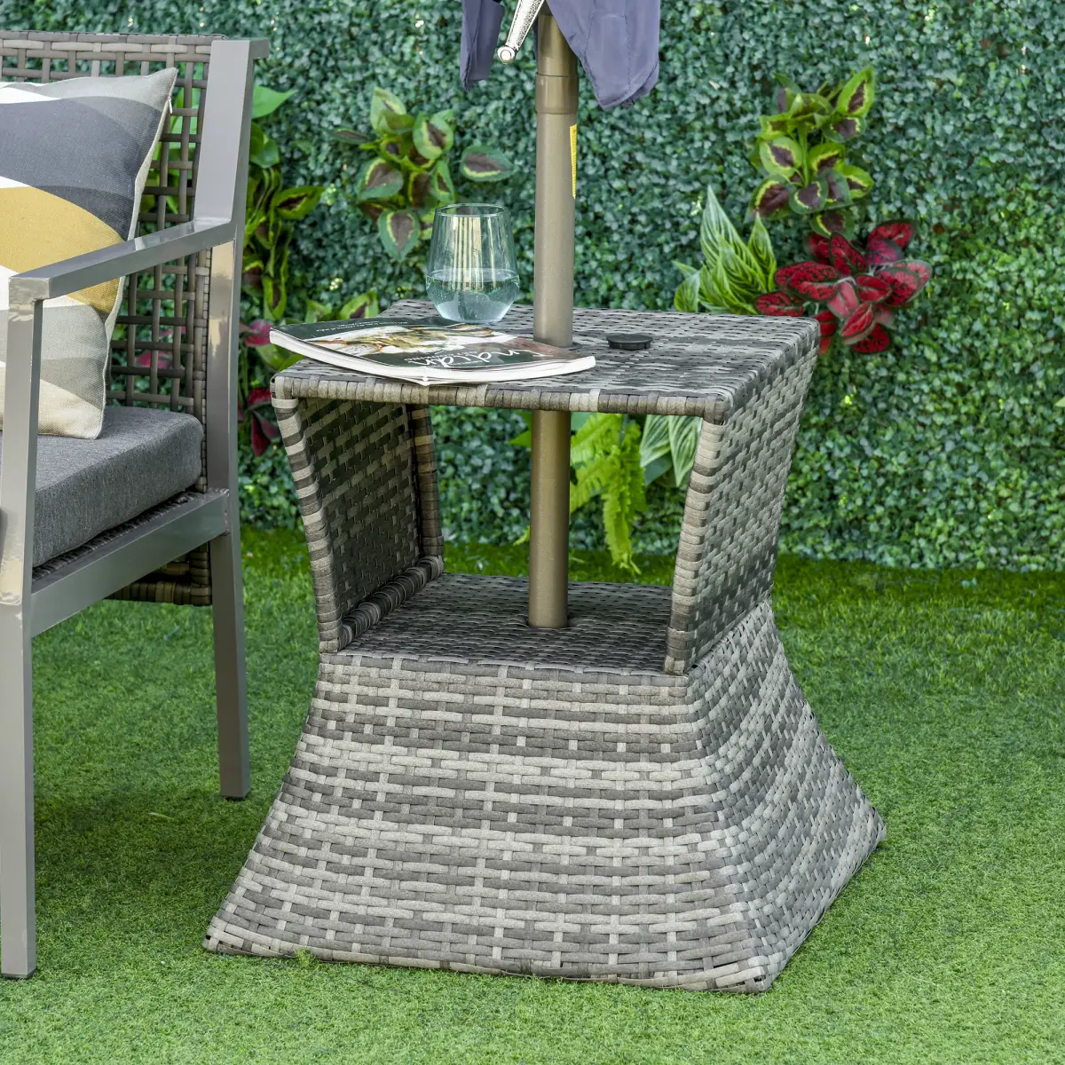 Outsunny Outsunny Rattan Wicker Tea Coffee Table w/ Umbrella Hole and Storage Space Grey - Garden Table